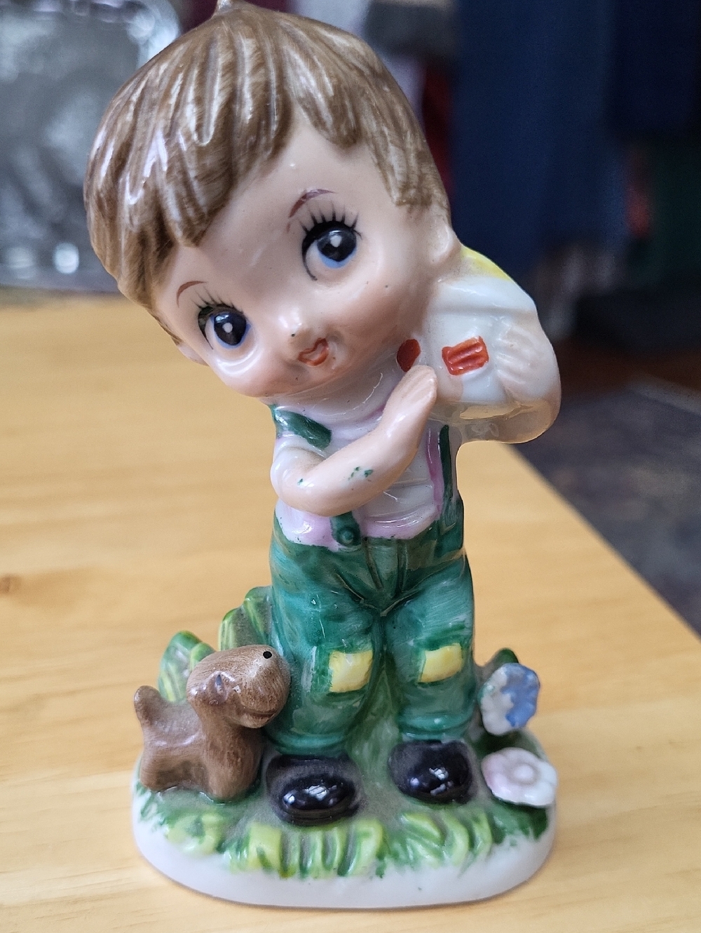 Vintage Green-Accented Boy Figurine with Dog